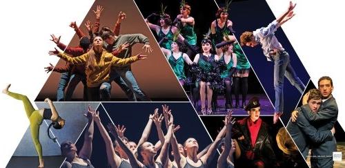 Collage of images of music, theatre, and dance students performing